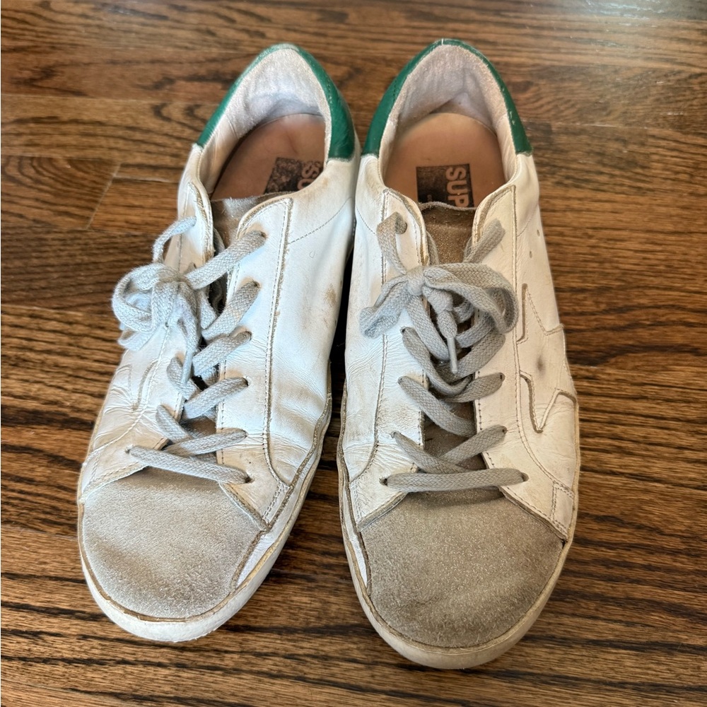 Golden Goose White and Green Low-Top Sneakers